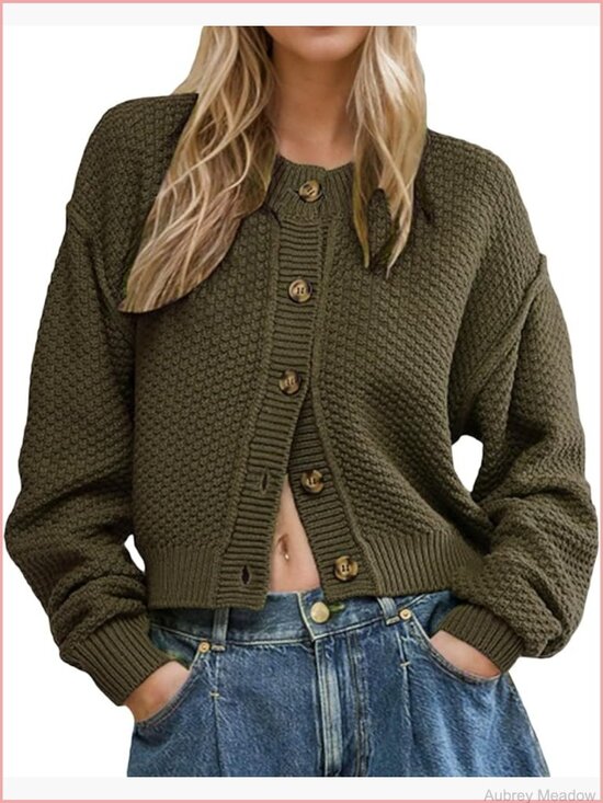 Sweaters - Open Front Cardigan Sweater Long Sleeve Button Down Knit Jacket Cropped Coat